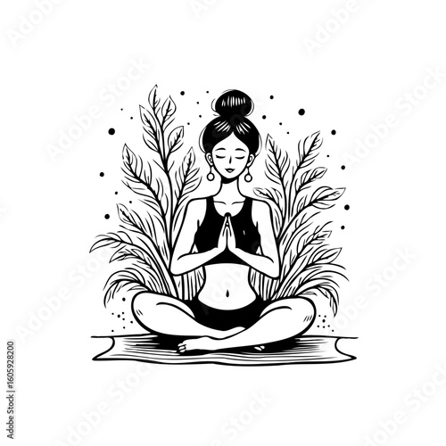 A serene woman meditating in lotus position surrounded by stylized plants and nature elements illustration