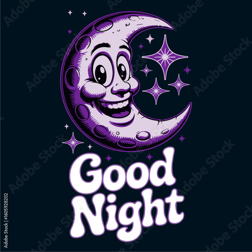 Cartoon illustration of a smiling crescent moon with stars, accompanied by the text "Good Night.".