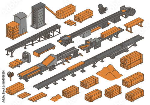 Isometric illustration of a lumber mill processing facility with various equipment and stacks of wood