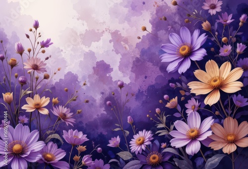 Fototapeta Naklejka Na Ścianę i Meble -   Mystical Floral Blend An abstract watercolor scene mixing purple and gold flowers to create a magical and eye catching