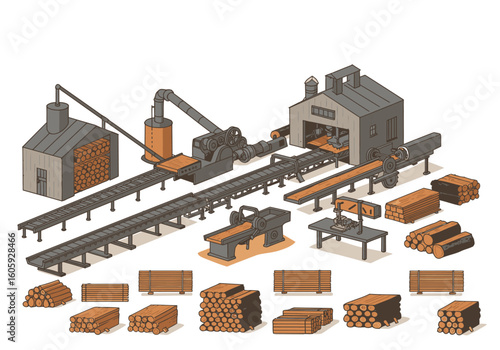 Isometric sawmill illustration with logs machinery and finished lumber stacks