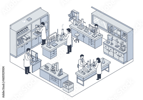 Isometric view of a laboratory with scientists equipment and storage