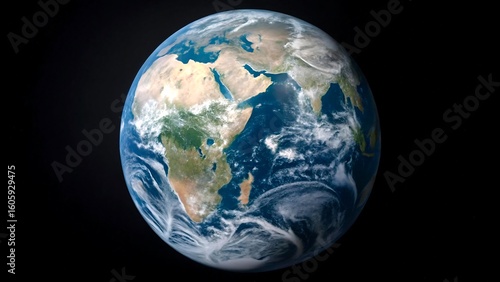 Planet earth view from space showing africa asia and oceans with clear atmosphere and cloud patterns
