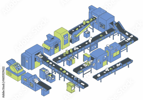 Isometric view of a recycling factory featuring conveyors and sorting machines