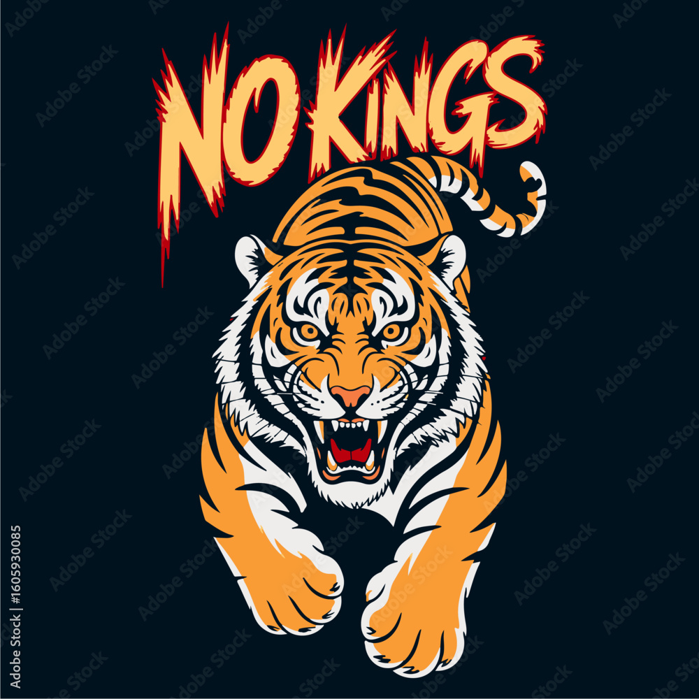 Obraz premium A snarling tiger leaps forward, beneath a bold