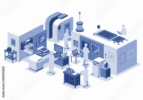 Isometric view of a research lab showing scientists machines monitors and equipment