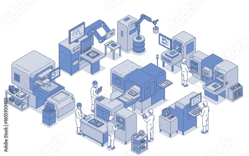 Isometric view of a semiconductor or microchip manufacturing facility with workers and robotic arms