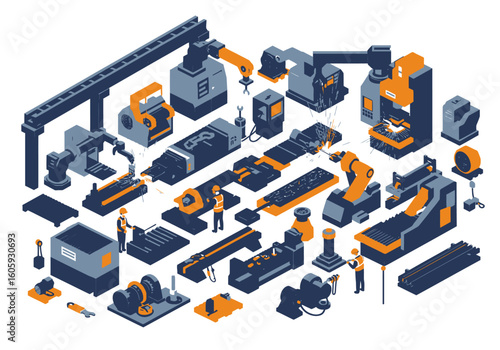 Isometric view of an automated industrial factory floor with robots and workers performing various manufacturing tasks