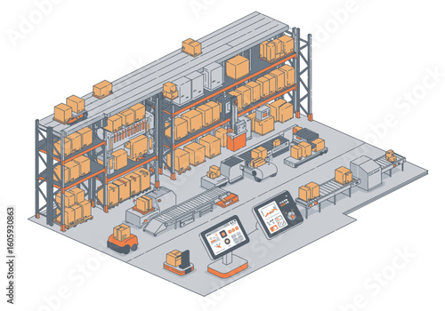Isometric view of an automated warehouse filled with shelves boxes and technology like conveyor belts and touchscreen displays