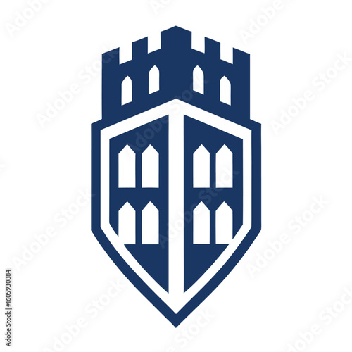 Dark blue shield with castle battlements and arched windows on white background crest emblem