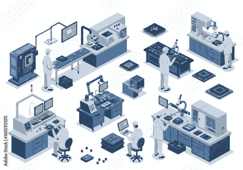 Isometric view of semiconductor lab with technicians at workbenches  machinery blue tones