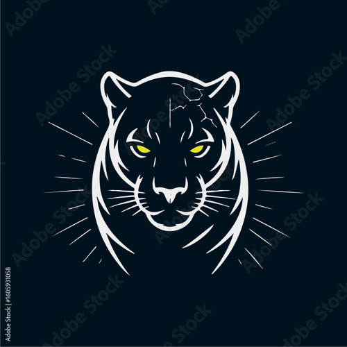 Stylized white panther head with glowing yellow eyes against a dark background with radiating lines.