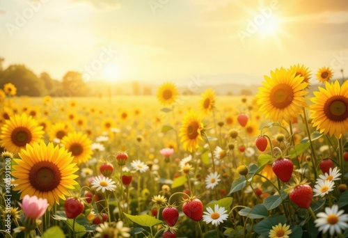  Golden Hour Floral Warm light bathes sunflowers and strawberries in this cheerful country floral background for your project.