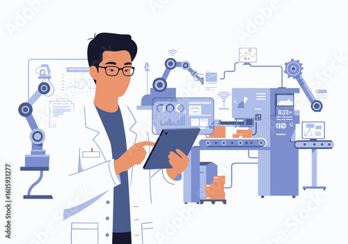 Man in lab coat operates factory machinery with a tablet in a modern industrial setting