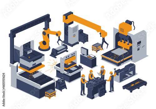 Manufacturing scene machines robotic arms factory workers industrial setup cutting and sparks