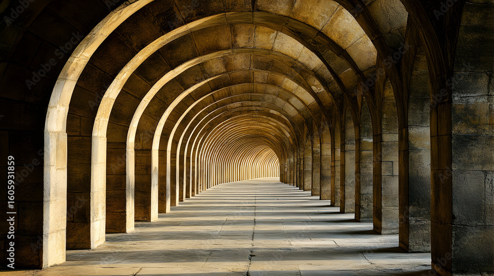 Obraz premium A long corridor with arched ceilings and concrete walls.