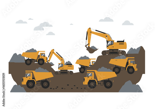 Mine scene with excavators loading dump trucks set against a backdrop of brown earth and grey clouds