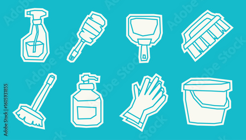 White Filled Cleaning Elements Icon Set in Cutout Style