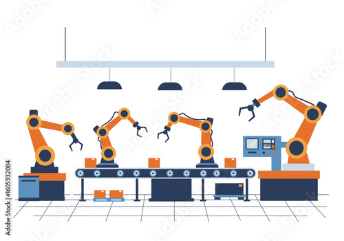 Orange robotic arms manipulate boxes on a conveyor belt in a factory setting under hanging lamps