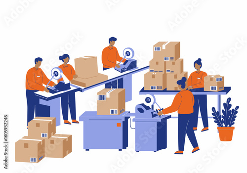 People packaging boxes at tables with machines plant and conveyor belt