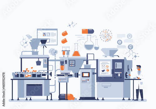 Pharmaceutical factory setting complex machinery processing pills with a scientist