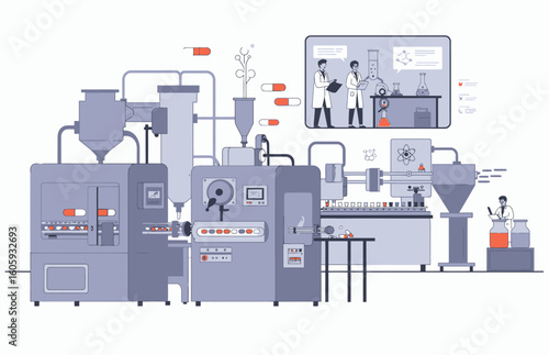 Pill manufacturing process with complex machinery scientists and laboratory equipment