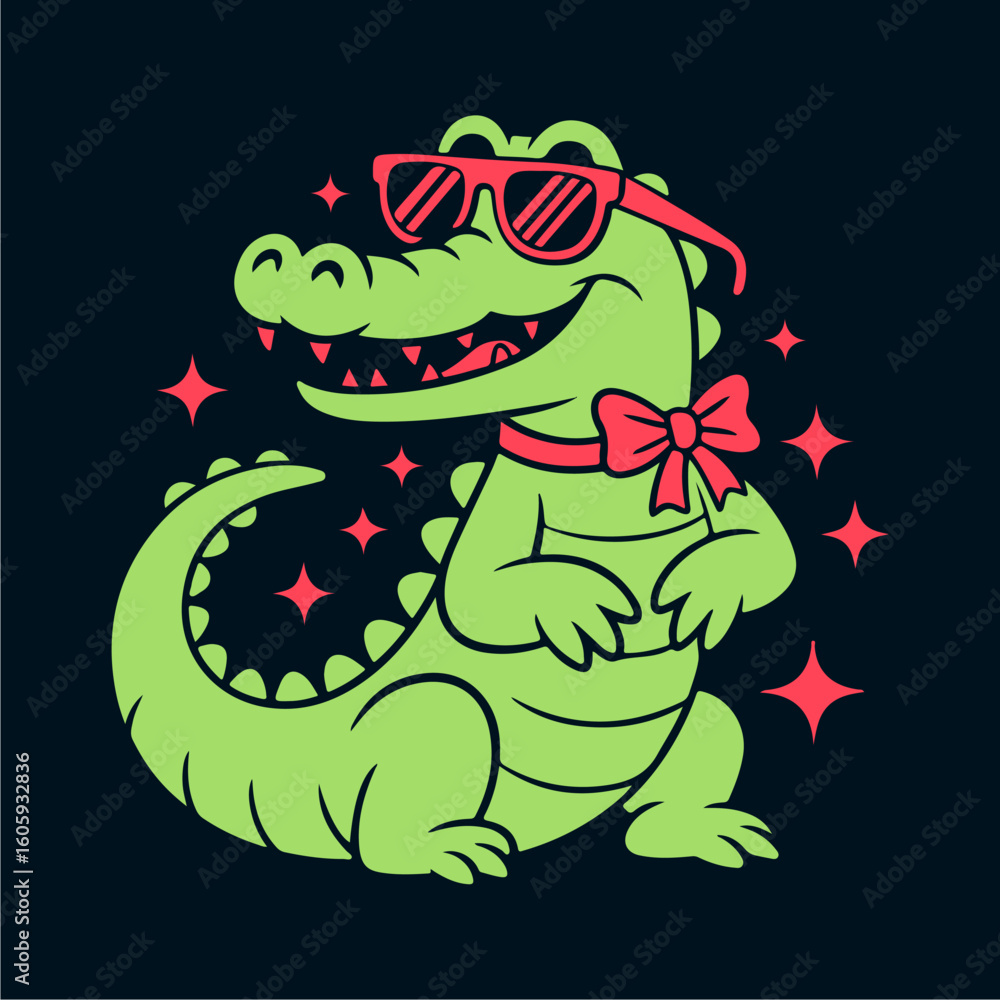 Obraz premium A stylish, smiling crocodile wearing sunglasses and a bow tie, surrounded by sparkling stars.