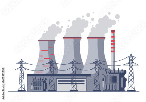 Power plant with cooling towers emitting steam power lines and a striped chimney