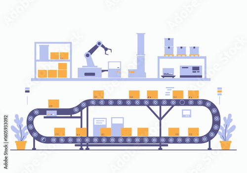 Production line conveyor belt boxes robot arm shelves and industrial setup