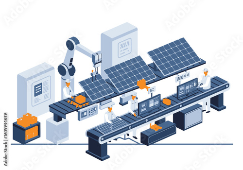 Solar panel assembly line with workers and robotic arm monitors