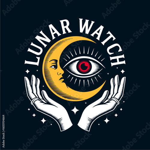 Vintage style logo featuring a crescent moon, all-seeing eye, and hands, ideal for a celestial themed brand.