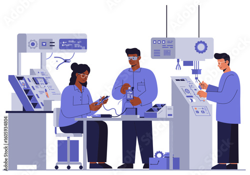 Three people work with equipment in what appears to be an industrial or scientific environment