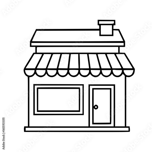 Black and white doodle illustration of a small storefront shop with awning and door design