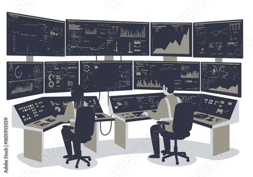 Two operators sit at control stations with multiple monitors displaying data graphs and technical readouts