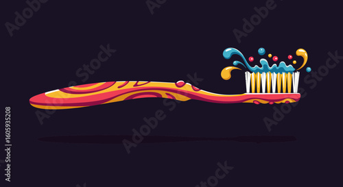 Vibrant Action of Brushing Teeth, Colorful Toothbrush, Cleanliness Concept, Graphic Illustration, Fun Environment, Side View