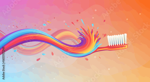 Creative Action, Colorful Toothbrush, Abstract Design, Digital Illustration, Vibrant Environment, Artistic Viewpoint, Dental Care Concept