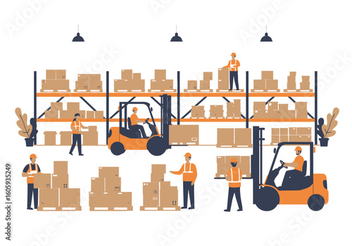 Warehouse scene with workers forklifts boxes and storage shelves