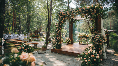 Beautiful romantic festive place made with wooden square and floral roses decorations for outside wedding ceremony in green park. Wedding settings at scenic place. Horizontal color photography.