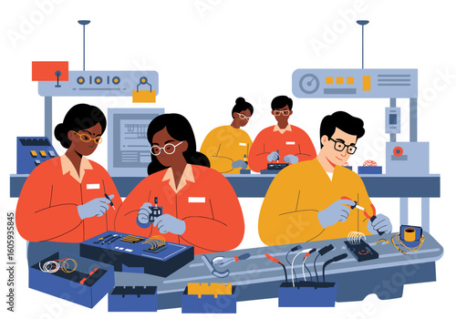 Workers at an assembly line wearing lab coats  gloves assembling electronics at individual workstations