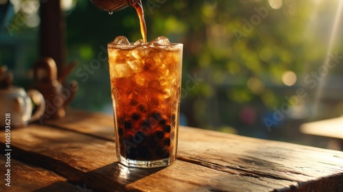 Pouring coffee into a glass with ice and boba pearls on a wooden table in natural light
