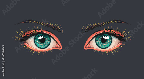 Artistic Illustration of Striking Green Eyes, Captivating Gaze, Digital Artwork, Modern Style, Close-Up View, Eye-catching Concept