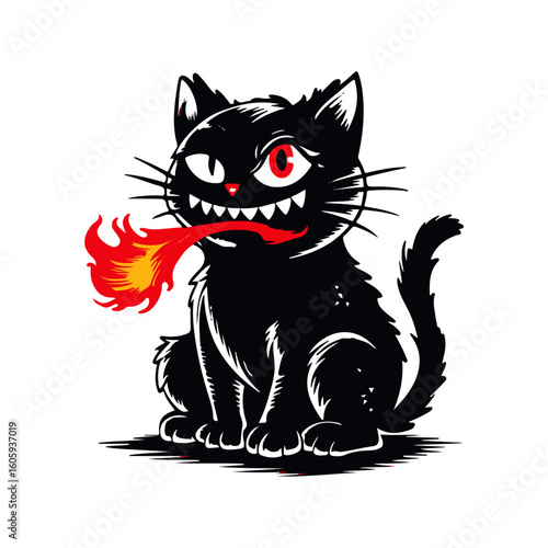 A cartoon black cat with red eyes and fire breathing from its mouth.