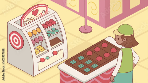 Colorful Ice Cream Shop Counter with Cartoon Vendor and Flavor Displays