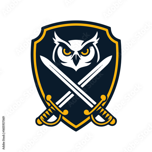 A stylized owl's head, fiercely guarded by crossed swords, within a heraldic shield.