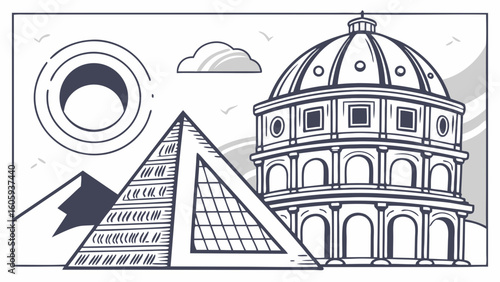 Illustration of Geometric Landmarks Including Pyramid and Colosseum Under Clear