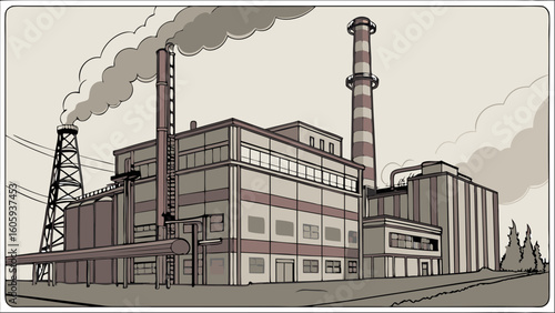 Illustration of a Retro Industrial Factory with Chimneys and Smoke Emission