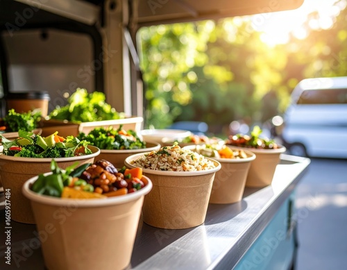 Fresh Salads in Paper Bowls on Food Truck Counter Sunny Day.