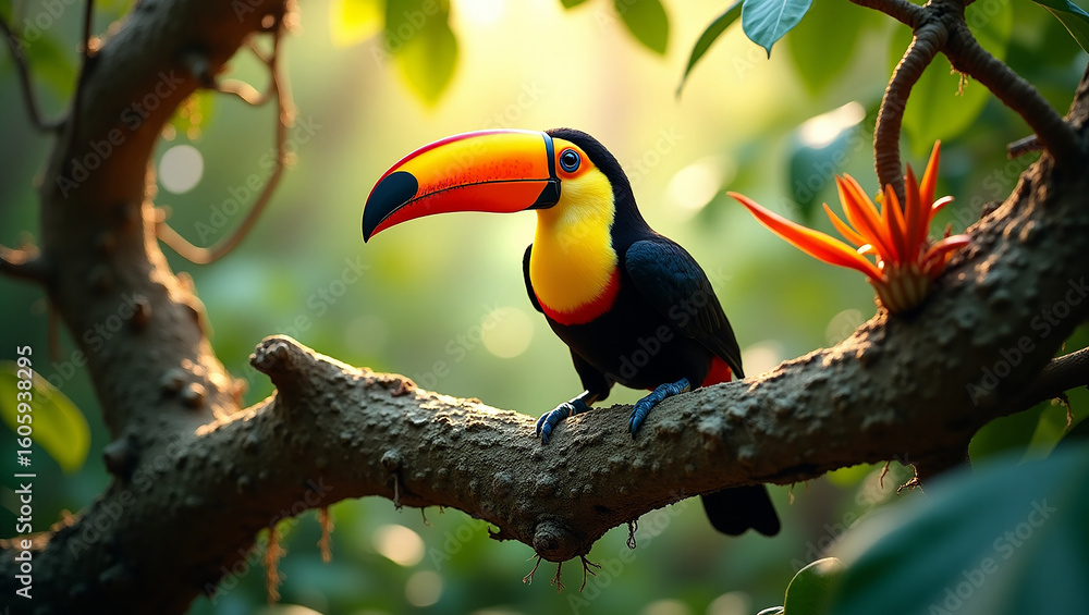 Fototapeta premium A beautiful toucan with a vibrant orange and yellow beak perching on a tree branch in a lush, sun-dappled tropical rainforest.