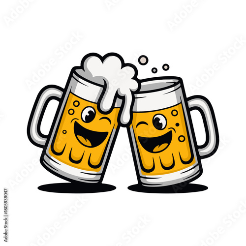 Two cartoon beer mugs clinking together, faces smiling, full of beer.