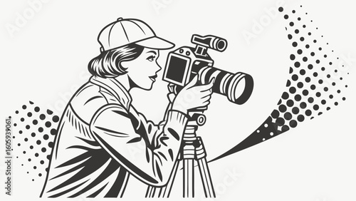 Woman Photographing Outdoor Scene with Camera and Tripod in Vintage Style